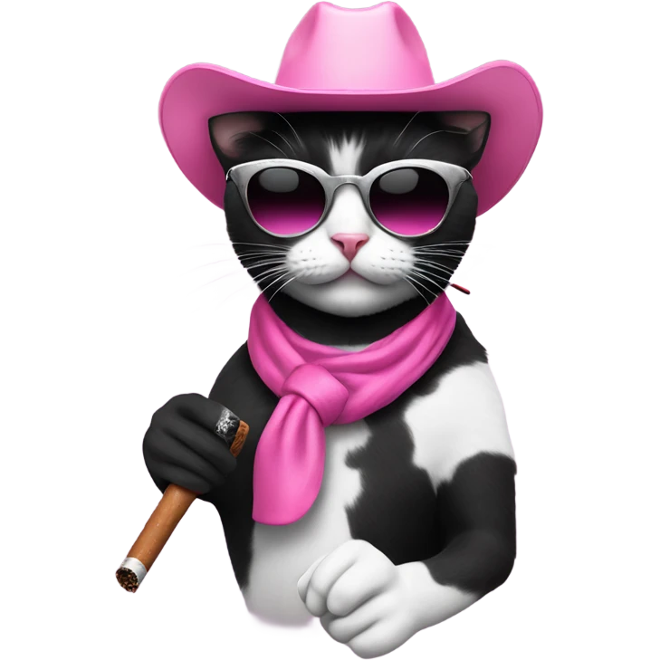 Black and white cat with a pink cowboy hat and silver sunglasses smoking a cig emoji