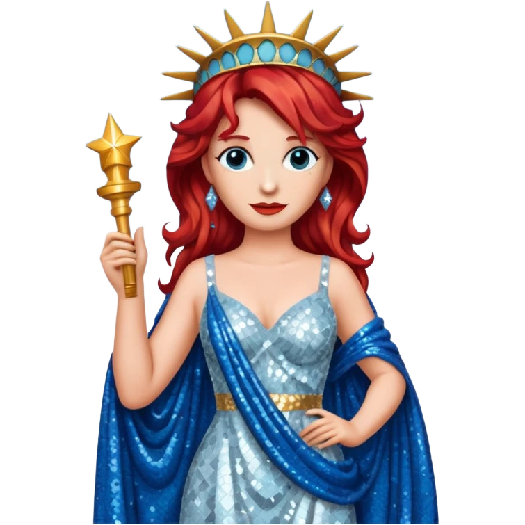 Lady Liberty from Film Studios with red wavy hair, white sequin gown, blue sequin drape emoji