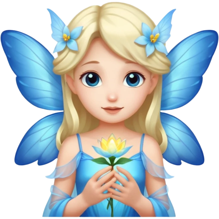 A shy fairy with soft blue wings, gently holding a glowing blossom.
 emoji