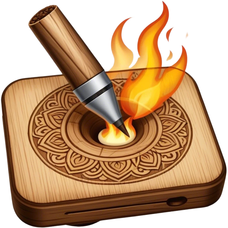 Pyrography icon, wooden surface with detailed burn marks, intricate patterns being burned into wood with pyrography tool, minimalistic style, clean lines, transparent background. emoji