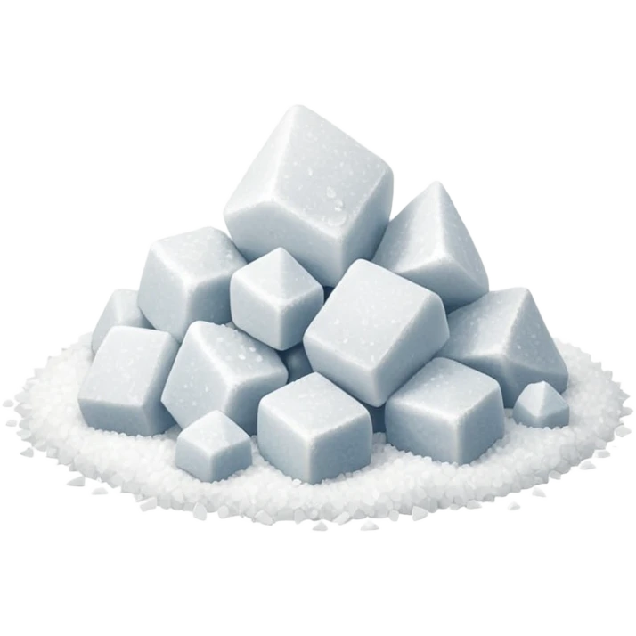 pile of coarse, angular white salt crystals, irregular and slightly translucent, crunchy texture, grains catch soft light with subtle glints, no spoon or container, transparent background, emoji scale, apple emoji style emoji