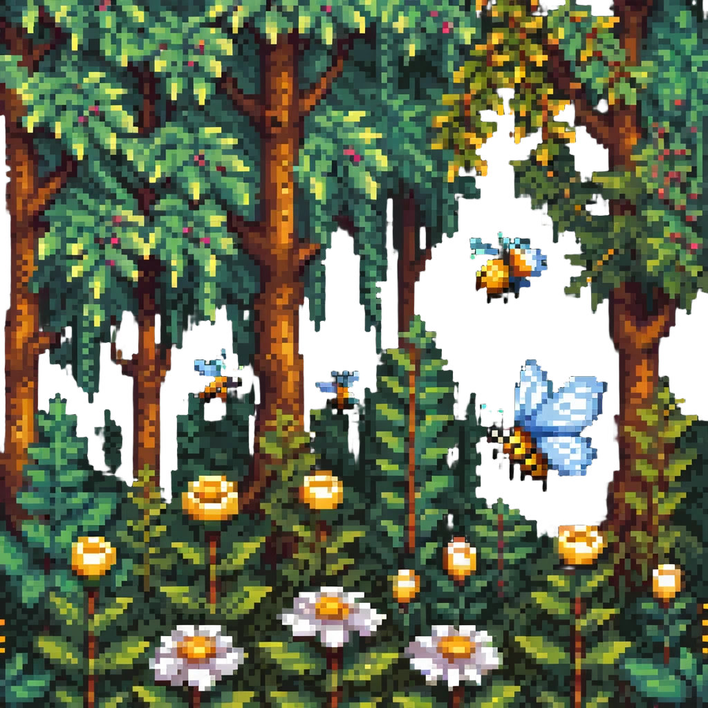 pixel art of a butterfly and bee among trees and plants, forest background emoji