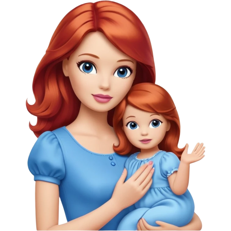 A barbie girl with makeup with brown hair with a baby, a daughter, a girl with red hair, holding her hand in blue clothes emoji