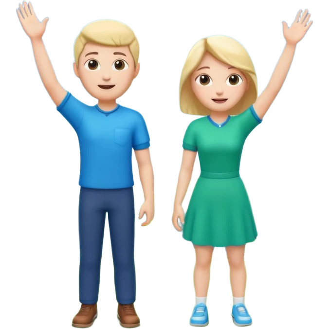 A 3D cartoon couple on top of a hill raising hands in victory, sunny sky and nature background, Memoji-style. emoji