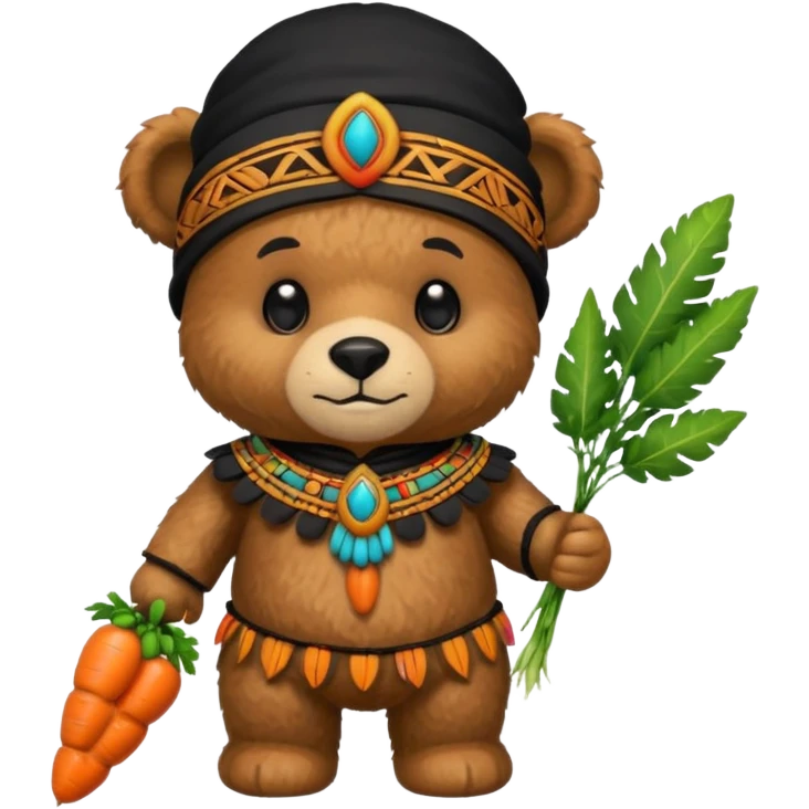 teddy bear Upper, wearing black mayan ancient custome, with carrot half body emoji
