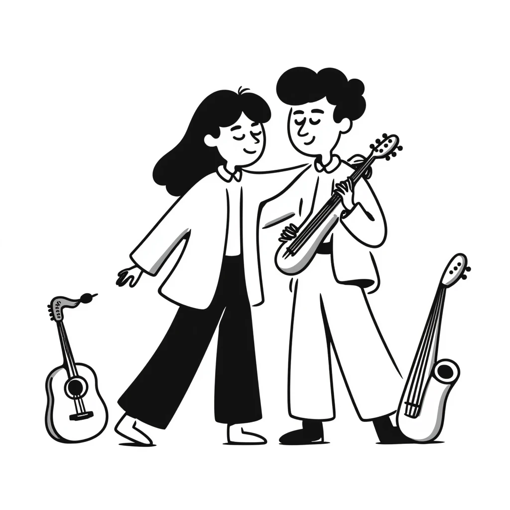 Two musicians of the same gender giving each other a friendly side hug, professional greeting, fraternal embrace, smiling, musical instruments nearby, colleagues congratulating each other emoji