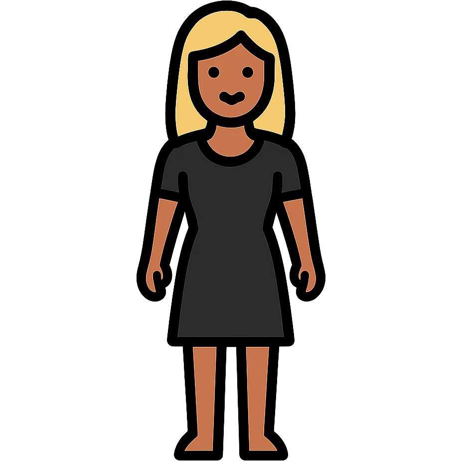 Asian woman with tanned skin, mid-long blonde hair, black dress, standing pose, color outline icon style emoji
