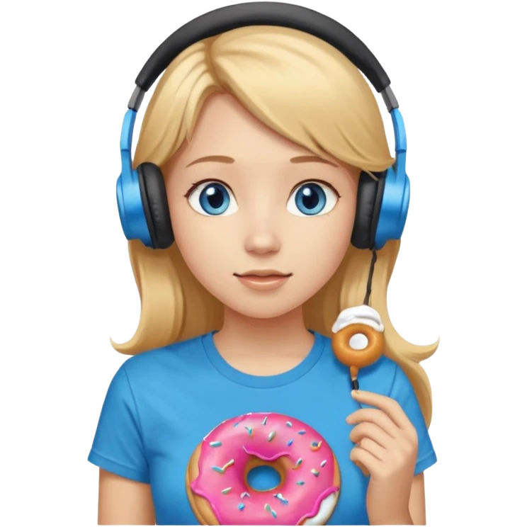 una ragazza dall‘ età di 19 anni con capelli biondi miele lunghi ,  occhi celesti,  con addosso una maglietta con una ciambella e le cuffie ascoltando violetta emoji