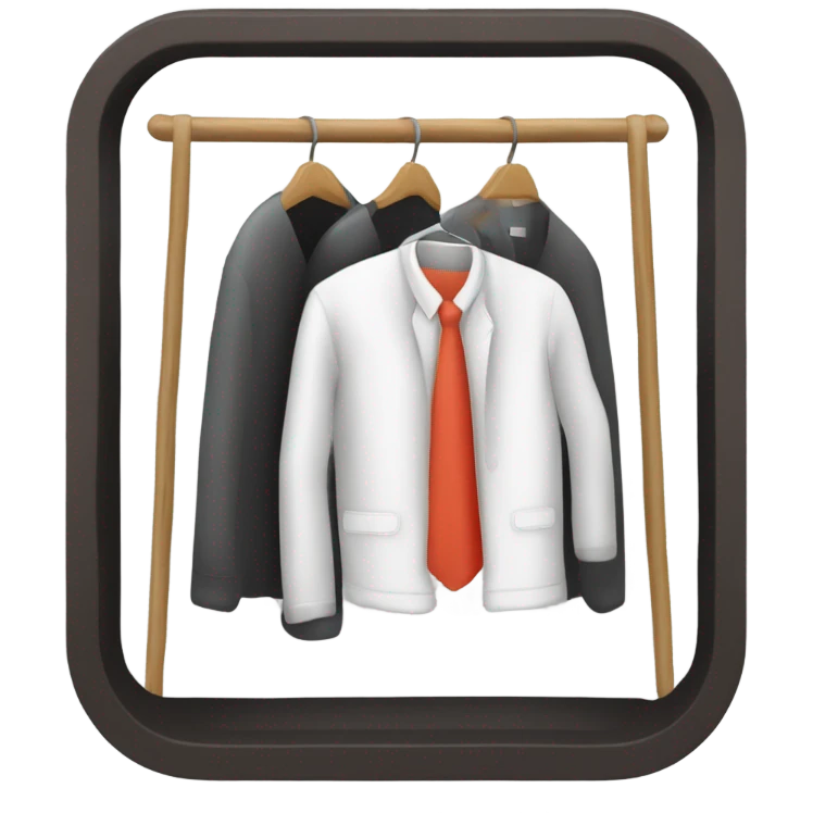 Design an emoji-style icon of an open wardrobe with clothes hanging inside. Include details like a wooden frame, hangers, and only black or white different clothing items such as shirts or any other clothing . Use a clean and minimalistic design. emoji