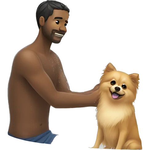 A man washes in the shower with a Pomeranian dog emoji