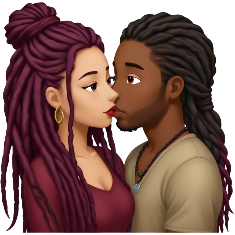 Dark Wine colored hair Latina long hair, kissing young black guy with dreads emoji