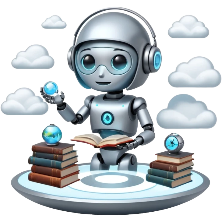 “A futuristic library floating in the clouds, filled with glowing books and holographic screens, with a friendly robot librarian.” emoji