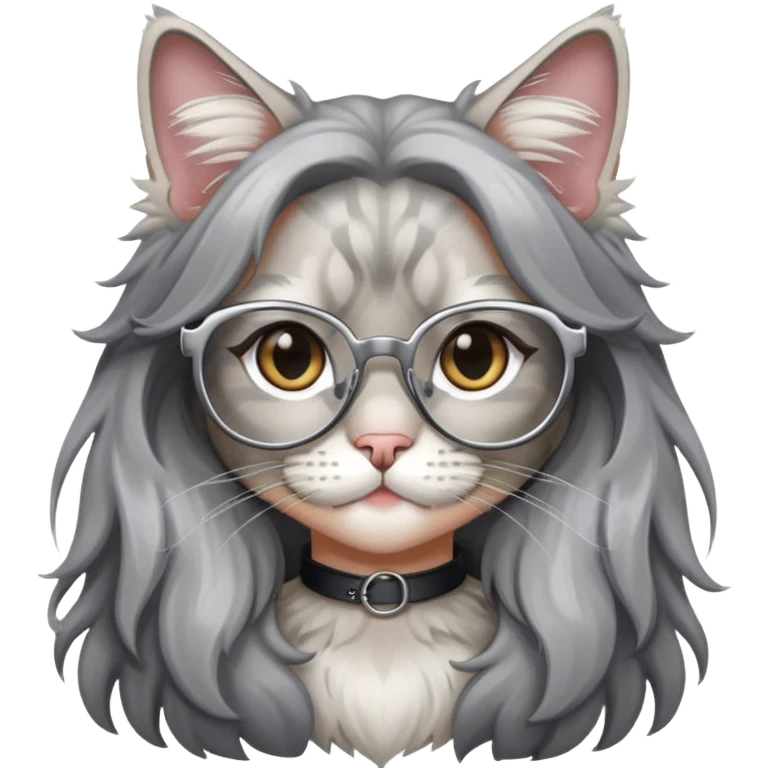 a silver based Maine Coon cat holding a black hair glasses girl emoji