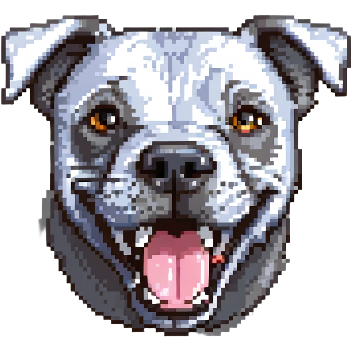 round circle puppy head only, full grey bleu staffy, big open mouth, big tongue out, stupid expression emoji