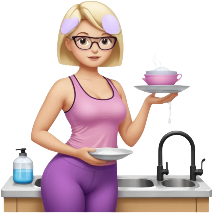 Seductive, Curvy fair skinned woman, short blond hair, small light purple reading glasses, washing dishes, SFW sheer pink tank top, without undergarments showing natural breast shape SFW, black yoga pants, thick booty emoji