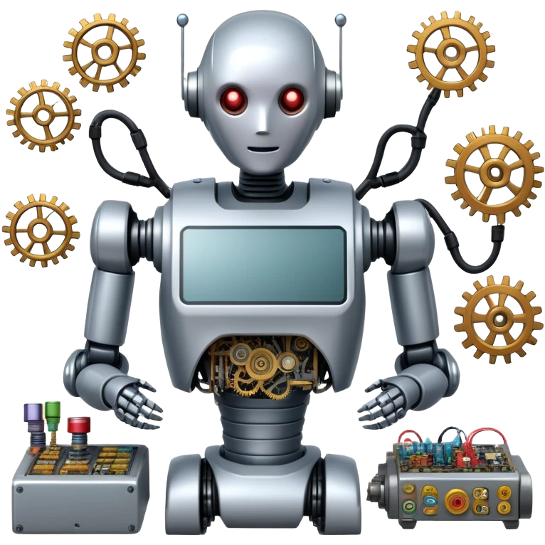 An icon featuring a humanoid robot assembling parts with robotic arms, surrounded by gears, circuit boards, and sensors, symbolizing robotics. The design includes a control panel and AI interface, representing automation, engineering, and innovation. Transparent background. emoji