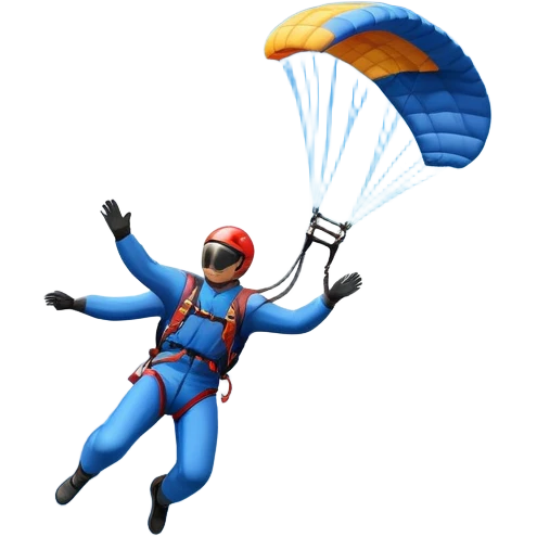 A base jumper soaring through the air, parachute deployed, flying off a steep mountain peak. The background is filled with majestic mountains, clear blue sky, and distant clouds, capturing the exhilarating thrill and beauty of extreme sports. emoji