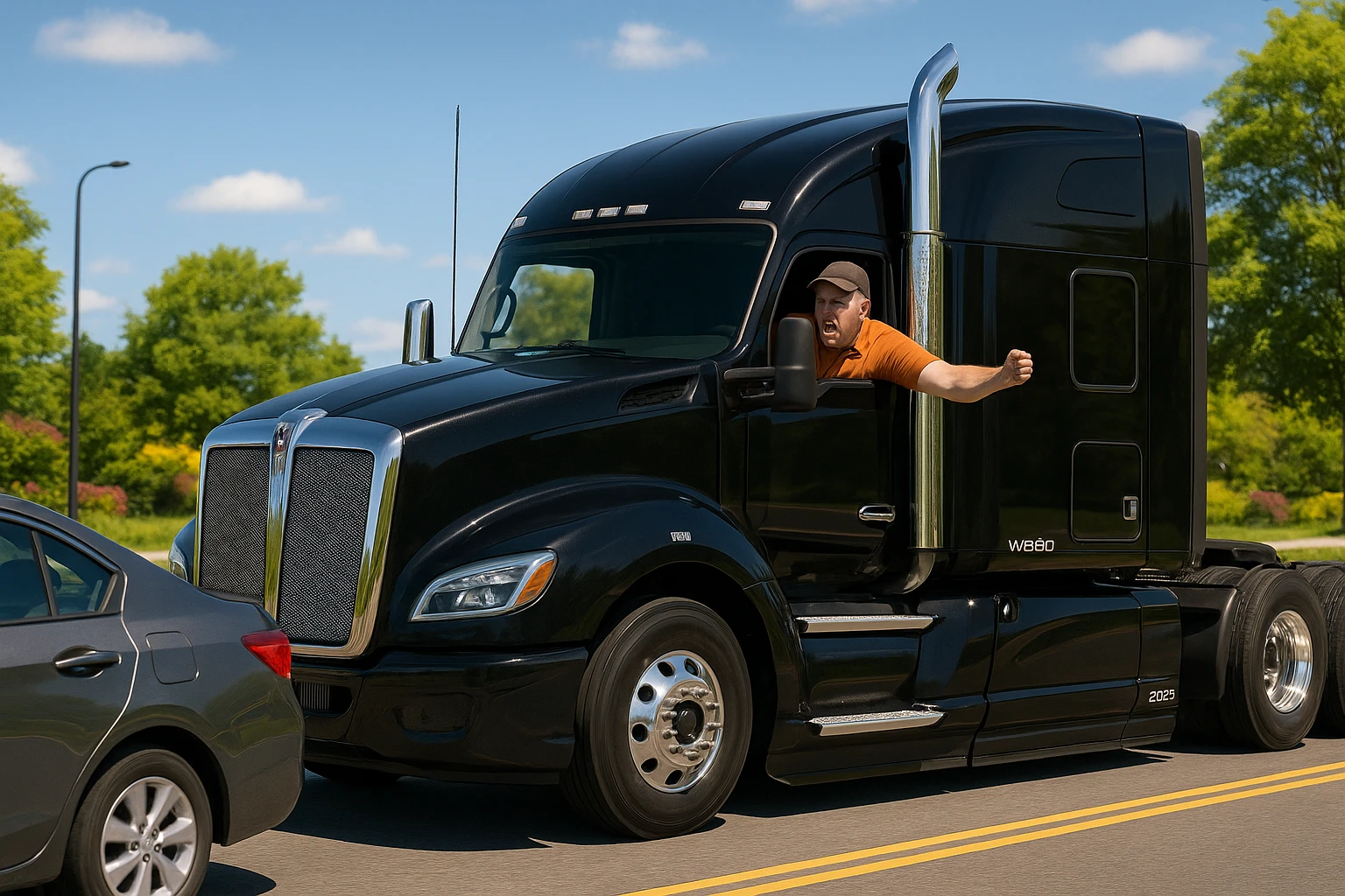 Black Kenworth W680 semi sleeper (2026) with chrome stack, following a car. The truck driver is angry, bald, wearing an orange shirt and a baseball cap, with arm out the window. Bright and lively road scene with clear visibility of both vehicles. emoji