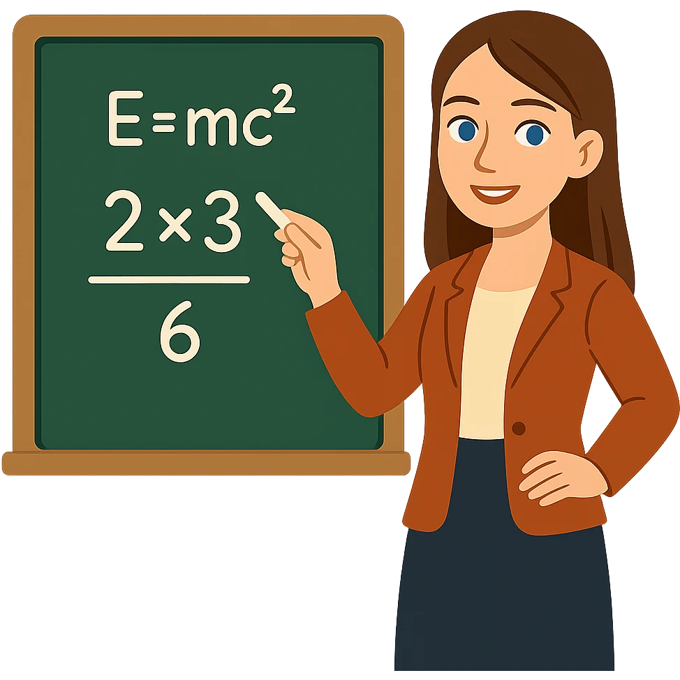flat toon style female math teacher, brown straight hair, blue eyes, Caucasian, no glasses, at chalkboard emoji