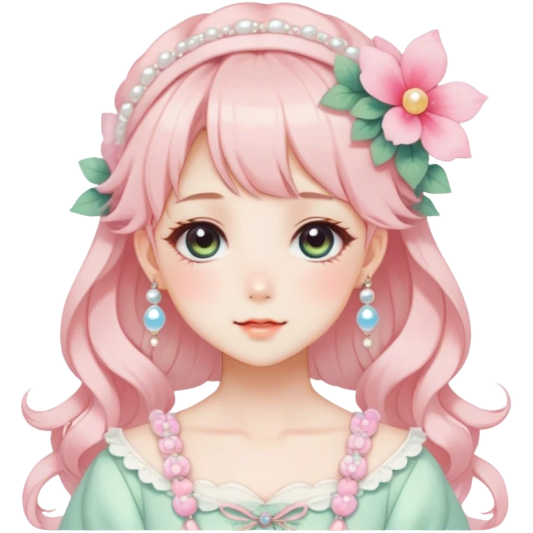 Gorgeous anime style lady with blushing face and accessories cottagecore fairycore Kawaii anime colorful pearly romantic aesthetic trending style emoji