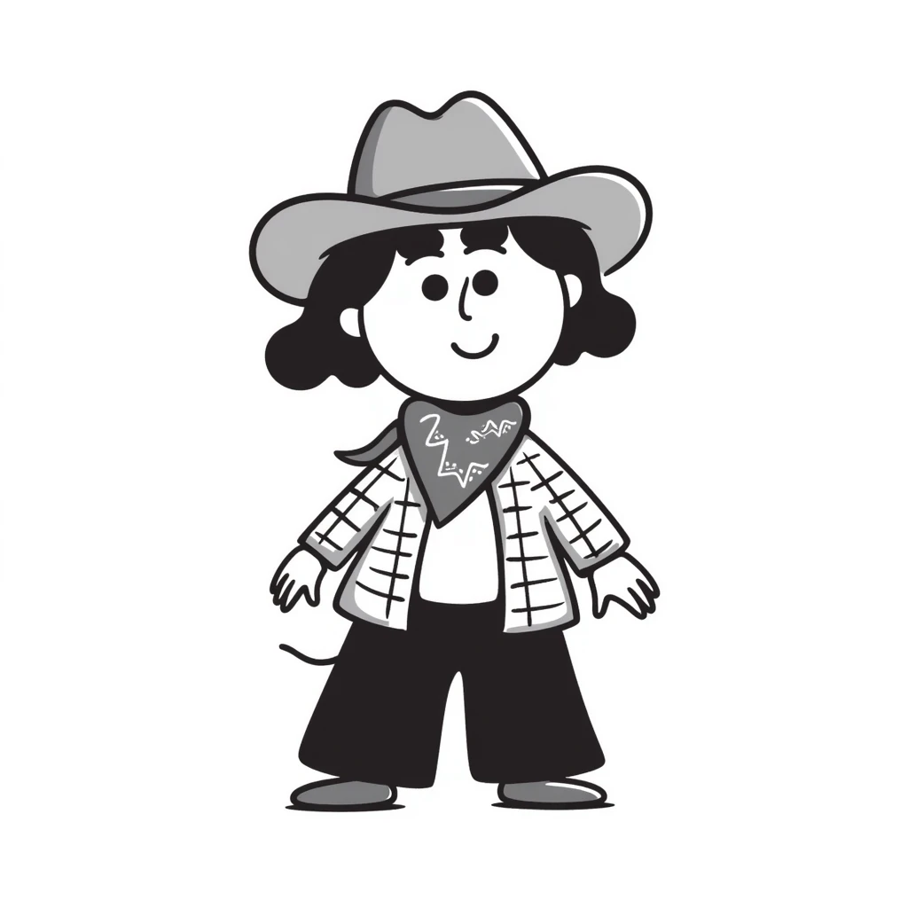A hand-drawn plush cowgirl toy with a bandana, hat and a cute smile emoji