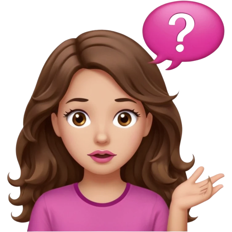 girl with long wavy brown hair, brown eyes, light to medium complexion, in a pink shirt, pink lips, long lashes, shugging, question mark one speech bubble emoji