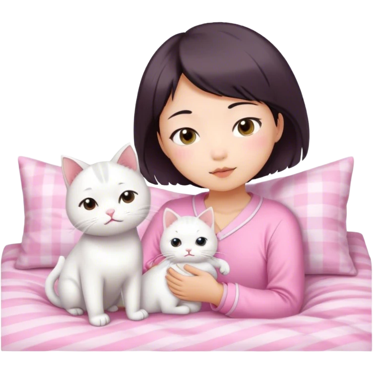 Short hair Asian girl wake up with white cat in pink pj emoji