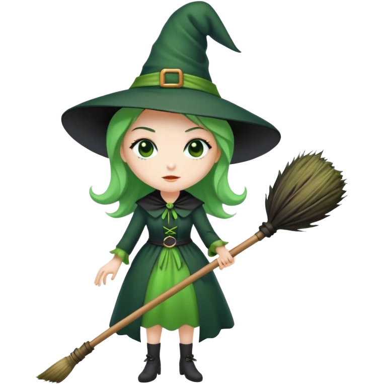A green witch with a black hat holding a broom stick  emoji