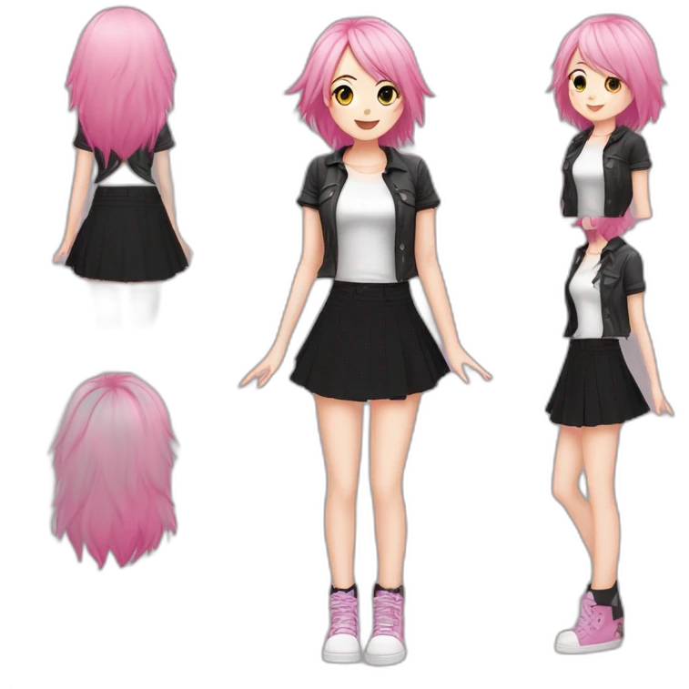 Full body Front view curvy emo girl pink hair sits on the floor straight view hands up black skirt белые трусики полосатые рваные чулки emoji