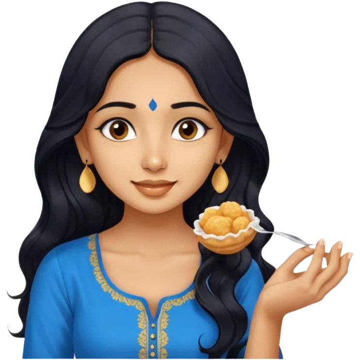 a pretty tan indian bratz girl with wavy long BLACK hair. eyeliner on, wearing a blue kurti, eating golgappa. NO SPOON emoji