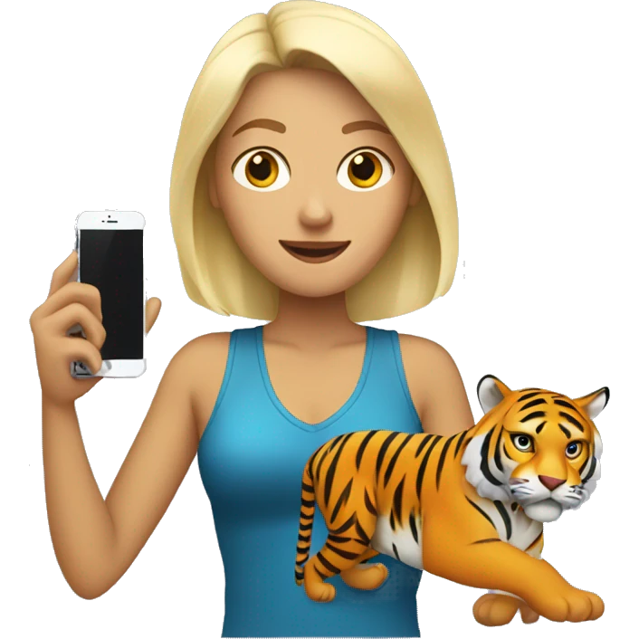 blonde woman with cell phone in her hand and a tiger on her side emoji