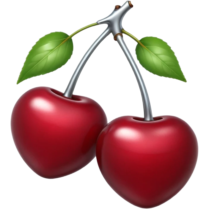 A pair of cherries emoji made of liquid silver chrome, smooth rounded shapes, glossy metallic surface, subtle sensual vibe, luxury sexy aesthetic, iOS emoji style, centered, clean white background emoji