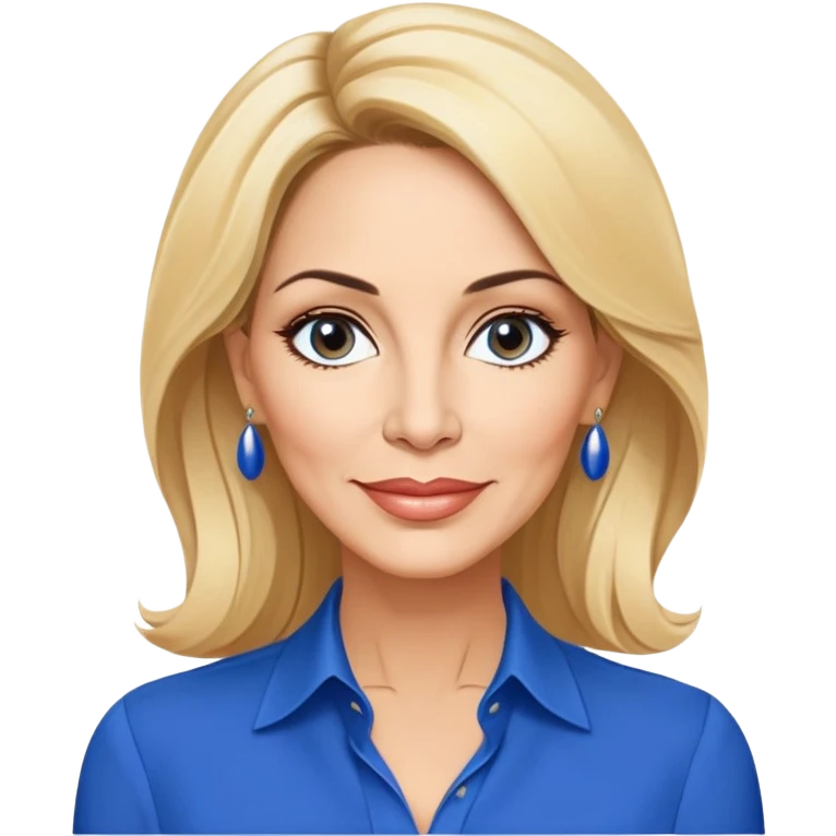 Linette Torres, 50-something Puerto Rican actress with fair complexion, beautiful mature facial features, bright expressive eyes, defined cheekbones with slight age lines, full lips with warm smile, blonde hair with sophisticated styling, wearing a stylish blue blouse emoji