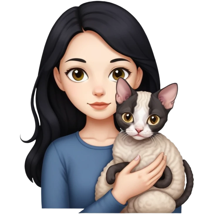 A girl with long black hair holding a Devon cat emoji
