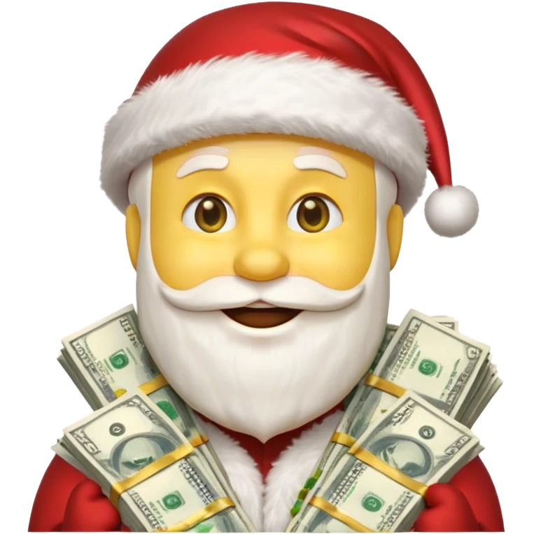 A festive 3D emoji style yellow smiley face wearing a Santa hat, surrounded by stacks of cash and dollar bills, joyful expression, Christmas and New Year theme, high quality, clean design, studio lighting, no text, no background, isolated object, transparent background, emojis.com style emoji