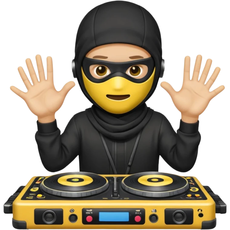 Make a customized yellow head emoji with hands and holding a dj turn table  in a  ninja face mask emoji