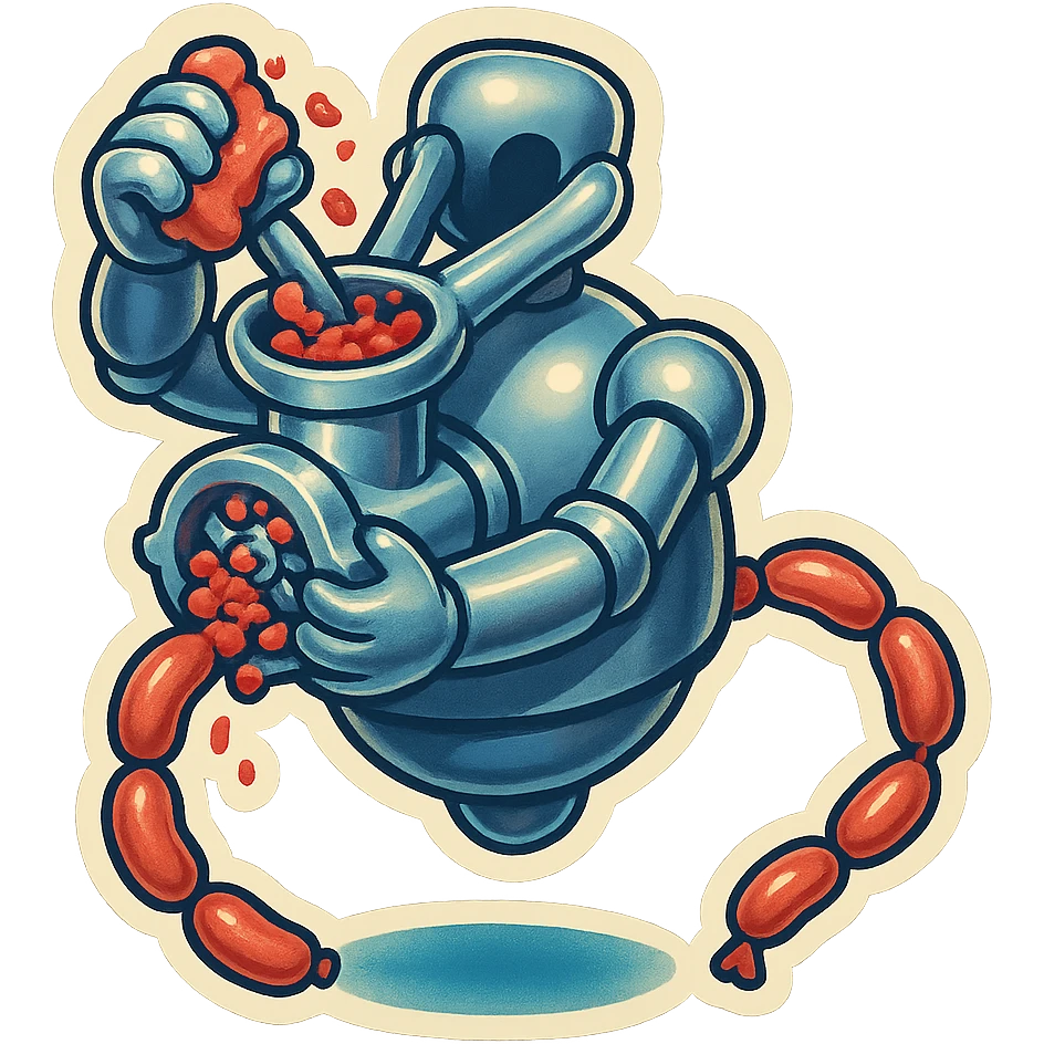hovering robot. stuffs material into large hole on its top with 2 arms. no head. hole is where a head would be. spinning gears and blades in hole grind red chunks. sausage links come our of hole on backside.  3/4 view. between realism and cartoon. well lit. no dramatic lighting. metallic shiny robot. works diligently. dark humor emoji