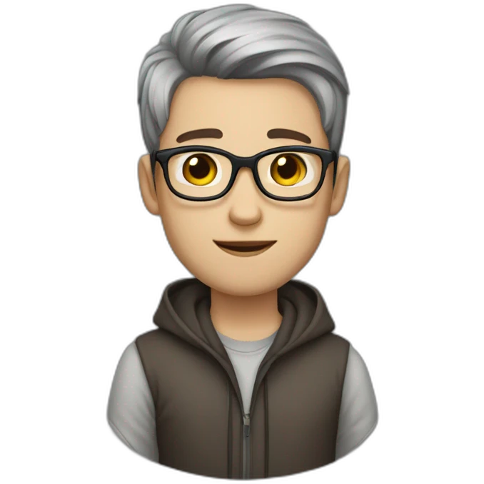 Young man with white skin and brown straight hair and round grey glasses, brown eyes emoji