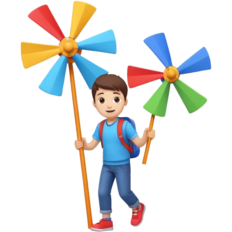 cute boy carrying a toy windmill backpack, colorful windmill spinning on the back, happy expression, casual outfit, 3D cartoon, mobile game icon style, clean background, no text, no watermark
 emoji