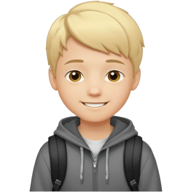 emoji of a teenage boy, short blonde hair, wearing a hoodie and backpack, cheerful look emoji