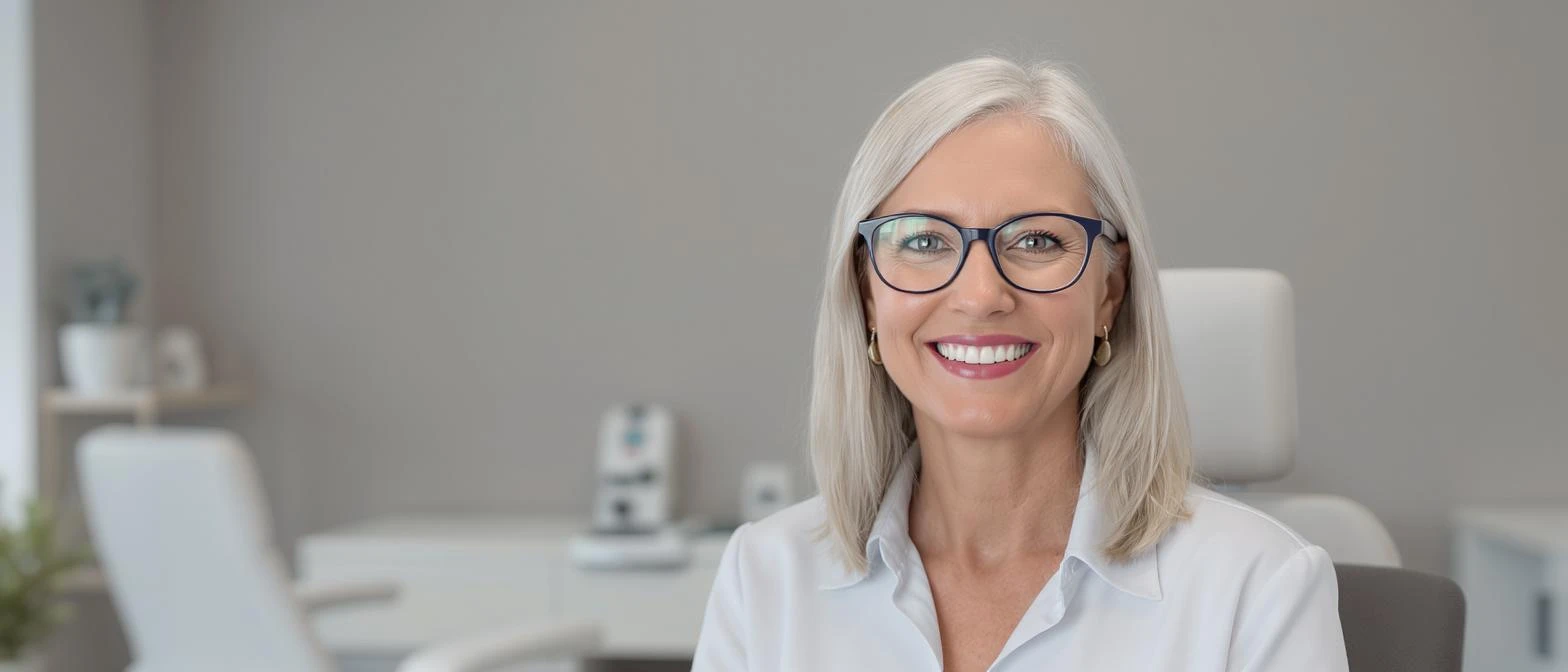 Cinematic still, Proffesional advertising of a smiling european white woman with glasses smiling, minimalistic ophthalmologist interior in background, leading  lines, "rule of thirds", 60/30/10 colors emoji