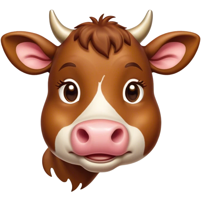 Cinematic Cute Brown Cow Portrait Emoji, Head tilted playfully and inquisitively, featuring a glossy, rich brown hide with a natural sheen, round, sparkling brown eyes filled with gentle curiosity, Simplified yet irresistibly adorable features, highly detailed, glowing with a warm, friendly glow, high shine, affectionate and serene, stylized with a touch of country charm, bright and endearing, soft glowing outline, capturing the essence of a mischievous yet loving cow, so playful it feels like it could moo out of the screen and into your arms! emoji