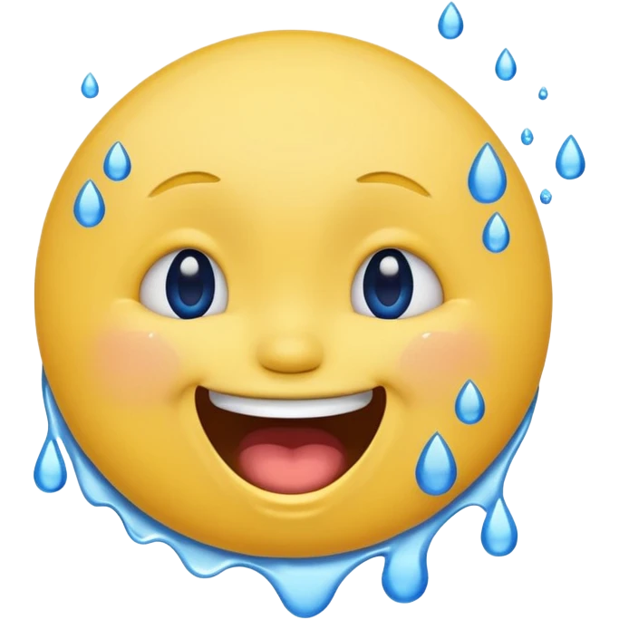 Emoji, yellow round laughing face, open mouth with Splashing blue tears from the eyes  emoji