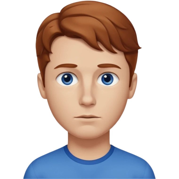 Please generate a portrait of a boy. He has light brown to reddish-brown wavy hair, a right side parting, slightly longer sideburns, blue eyes, a snub nose, and a somewhat pronounced pout. emoji