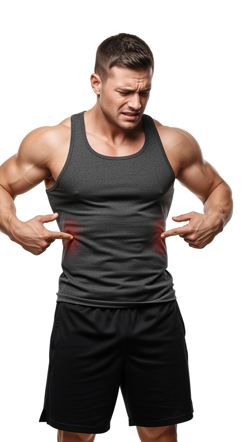 BODYBUILDER CHE SI INDICA I FIANCHI CON ESPRESSIONE AFFLITTA, ISOLATO SU SFONDO BIANCO, IPERREALISTICI 4K emoji