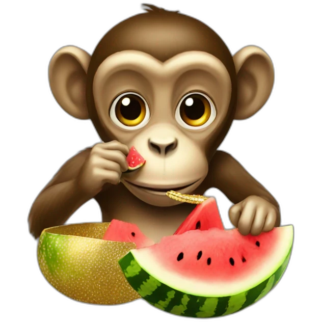 monkey with gold jewellry eating watermelon emoji