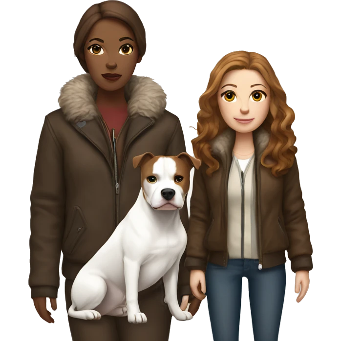 white woman with long brown hair in a furry jacket standing alongside a white pitbull emoji