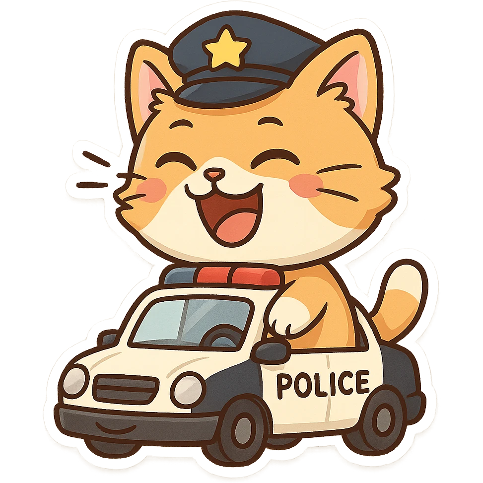 fluffy police cat sitting in patrol car, laughing out loud looking at silly harmless prank nearby, cheerful and comedic mood emoji