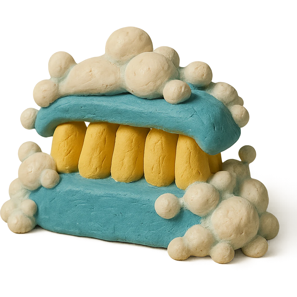 cleaning brush with soap bubbles, pastel palette, visible clay texture in claymation style emoji