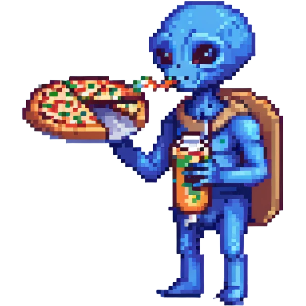 A blue alien eating pizza emoji